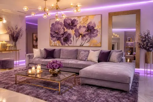 Lavender seating layout in a luxury purple living room with neon lighting.