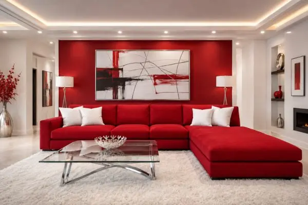 Red sofa and chaise sectional in a modern living room with a red accent wall.
