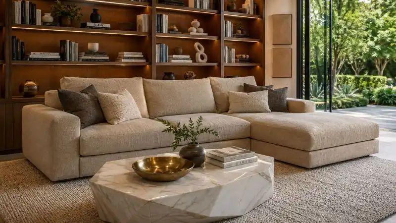 Modern sofa and chaise sectional in a luxury living room with a bookshelf background.
