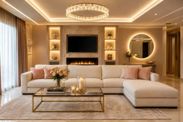 Cream sofa and chaise sectional in a luxury warm living room with a fireplace.