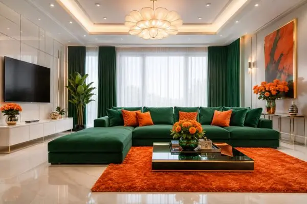 Emerald green velvet seating setup in a modern living room with a bright orange rug.