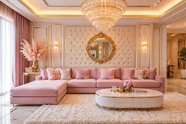 Blush pink velvet seating layout in a luxury living room with gold ornate wall decor.
