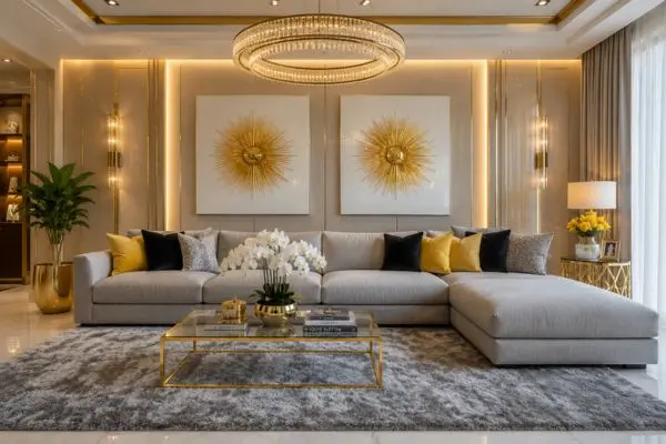 Grey sofa and chaise sectional in a luxury living room with golden sunburst wall art.