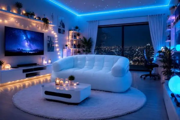 A white inflatable air sofa placed in a modern studio apartment with blue neon lighting.