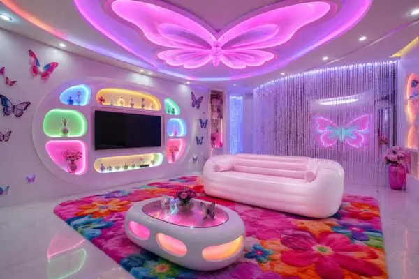 A pink inflatable couch in a colorful butterfly-themed neon living room.