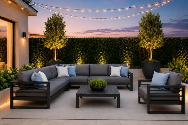 Beautifully styled modern outdoor sectional furniture arrangement with cozy string lights.