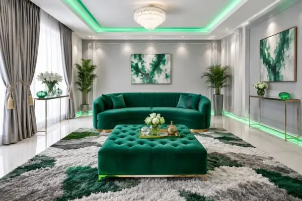A modern emerald green velvet rounded couch styled with grey pillows in a luxury living room.
