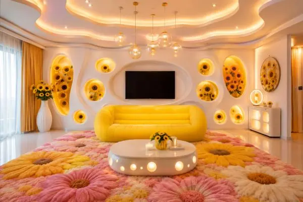 A bright yellow inflatable couch placed in a luxury sunflower-themed living room with neon lighting.