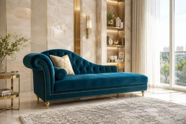 Luxury royal teal velvet daybed couch in a premium room with fluted limestone walls.
