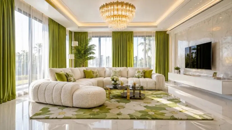 A luxury cream teddy sofa in a modern lime green living room layout