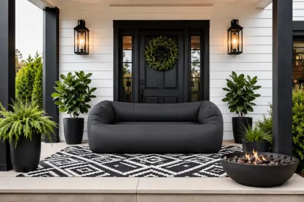 A charcoal black inflatable air sofa placed on a modern farmhouse porch.