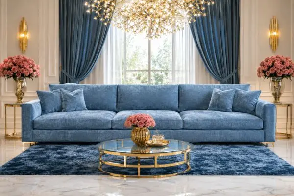 A premium single light blue velvet Flexsteel sofa in a luxury room with pink roses.