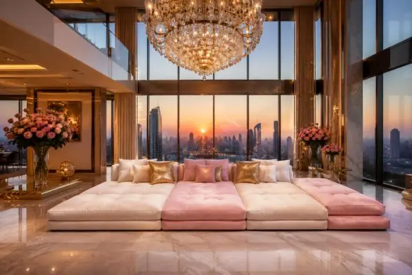 A complete pink and cream modular floor sofa setup under a large crystal chandelier.