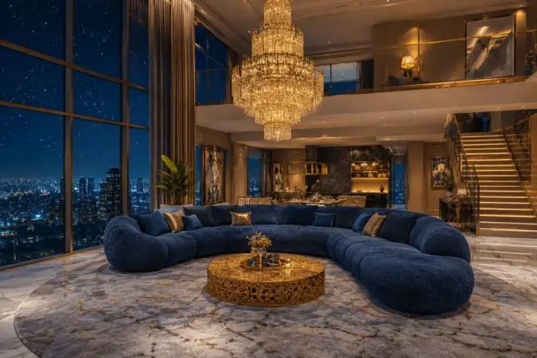 A luxury curved royal blue teddy sofa in a high-end penthouse with city skyline view