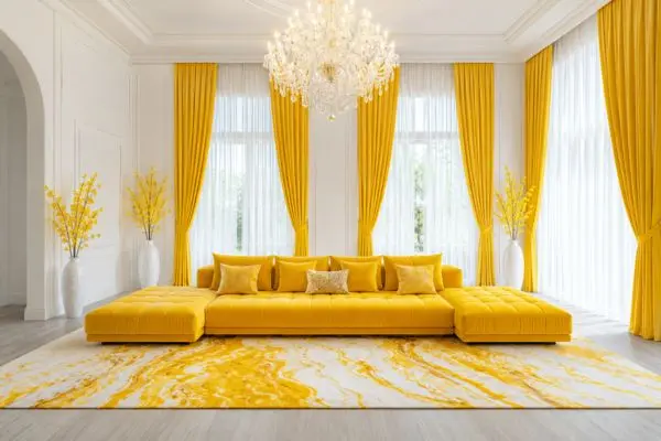 Symmetrical modern double chaise sofa in premium yellow velvet fabric.