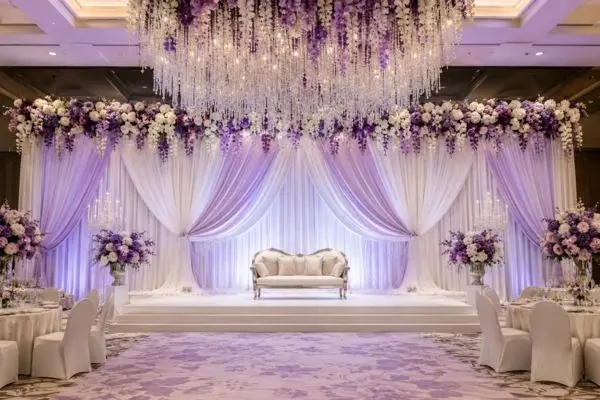 Luxury silver framed two seater lounge furniture on a grand lavender floral stage backdrop with crystal chandeliers.
