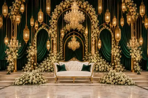 Luxury tufted two seater furniture with green accent pillows on an imperial emerald stage setup with hanging lamps.