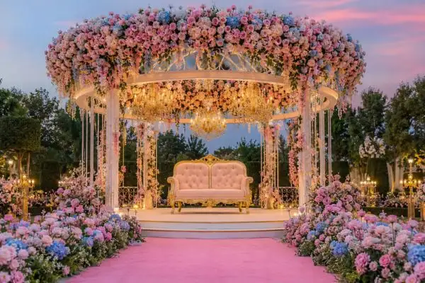 Luxury tufted pastel pink two seater furniture inside a grand outdoor floral gazebo setup under warm lighting.