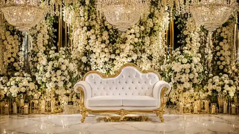 A luxurious white and gold wedding loveseat sofa set against a heavy backdrop of fresh white flowers and grand crystal chandeliers in a USA-style luxury ballroom.
