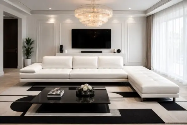 Modern white leather chaise sofa with a sleek profile extension on a black and white geometric rug.