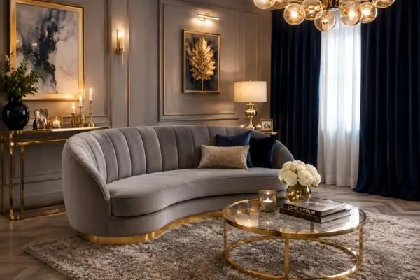 A modern grey small curved sofa with gold trim base in a luxury home.