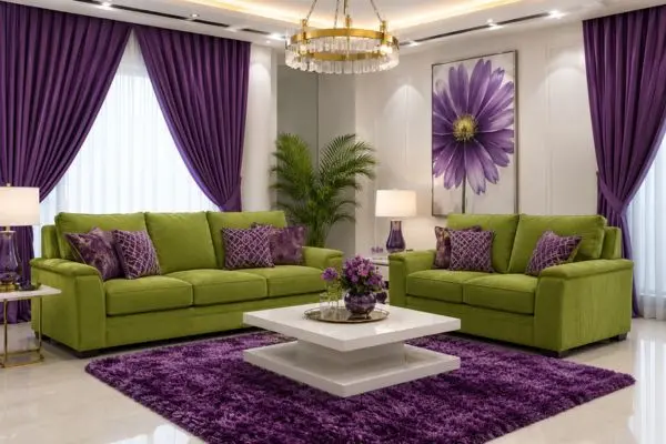 A multi-piece lime green Ashley sofa set collection with purple accent pillows in a modern living room.