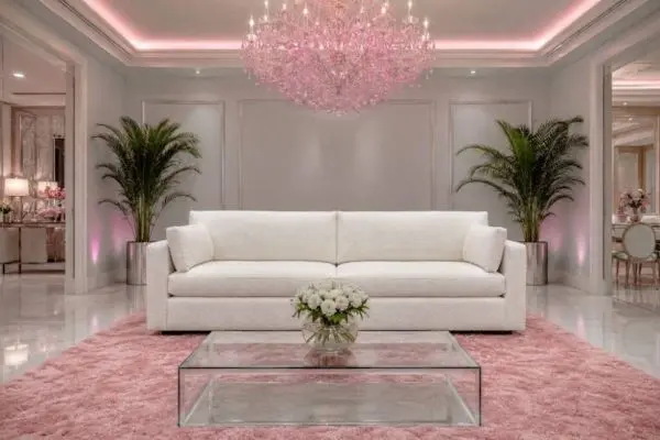 A modern white track-arm Flexsteel sofa on a pink rug under a crystal chandelier.