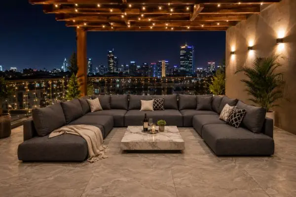 A full modular floor sofa setup with charcoal gray cushions on a modern penthouse balcony.