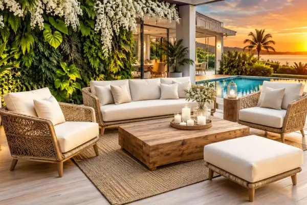 Complete modern set sofas exterior components arranged on a luxury garden patio.