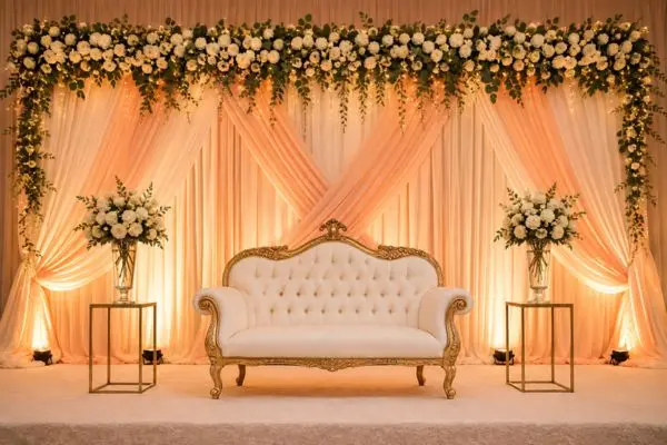 White and gold wedding loveseat sofa design on an elegant stage with warm lighting.