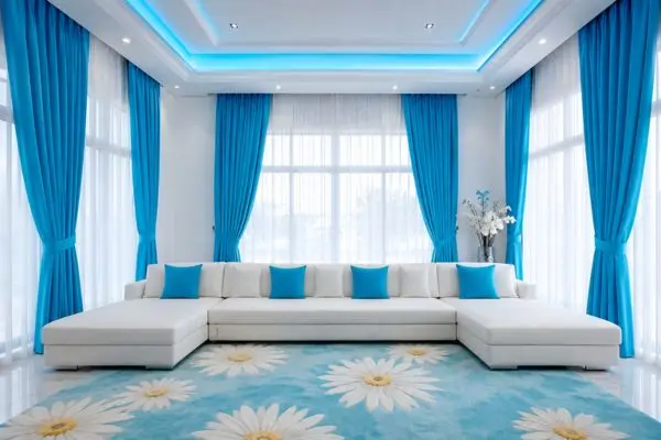 Symmetrical white double chaise sofa on a blue daisy floral carpet.