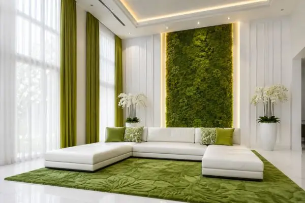 Modern white leather double chaise sofa against a green moss accent wall.
