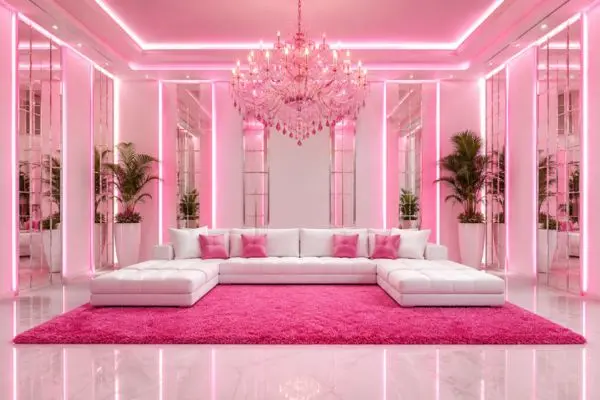 Symmetrical modern white sectional couch with pink cushions in a luxury neon lit room.