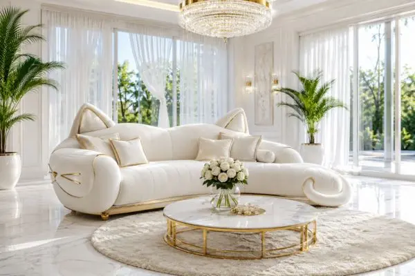 Bright white velvet cat shaped couch with golden tail and whiskers trim in an elegant living room.