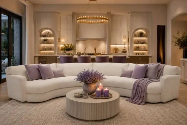 An off-white curved sectional Flexsteel sofa with lavender cushions in a modern living space.