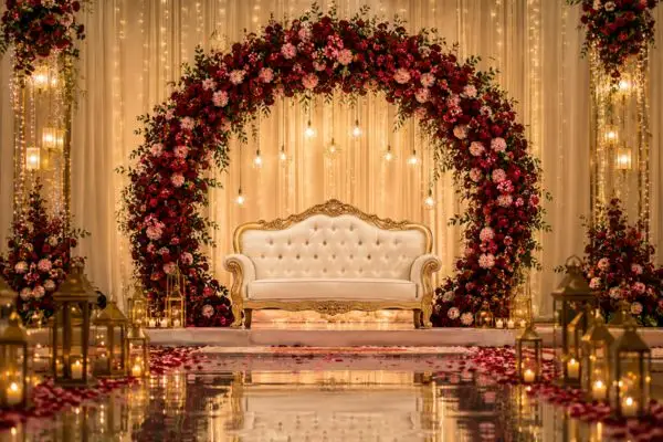 Luxury wedding loveseat sofa with gold trim under a grand red floral arch backdrop.
