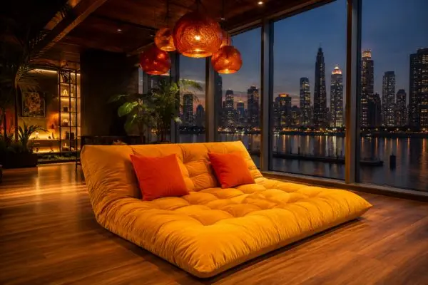 Mustard yellow lazy floor sofa with orange cushions in a warm penthouse at twilight.