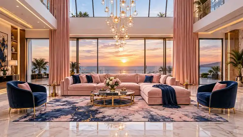 Tan leather Chesterfield sofa in a styled living room