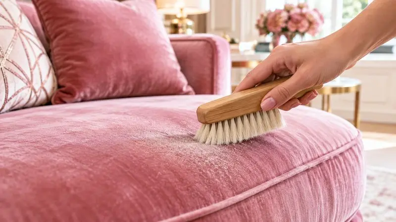 Someone gently cleaning a couch cushion with a soft brush