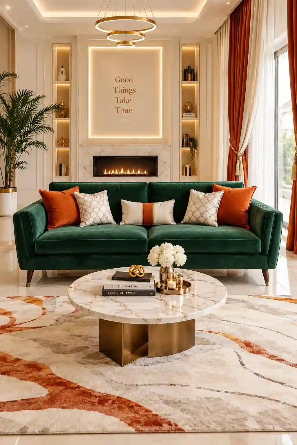 Tall view of a deep green velvet sofa with tapered wooden legs, showing seat depth and arm height in a styled living room