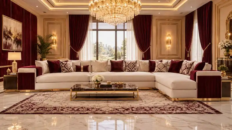 Modern beige fabric sectional sofa in a bright, minimal living room with wooden side table and floor lamp
