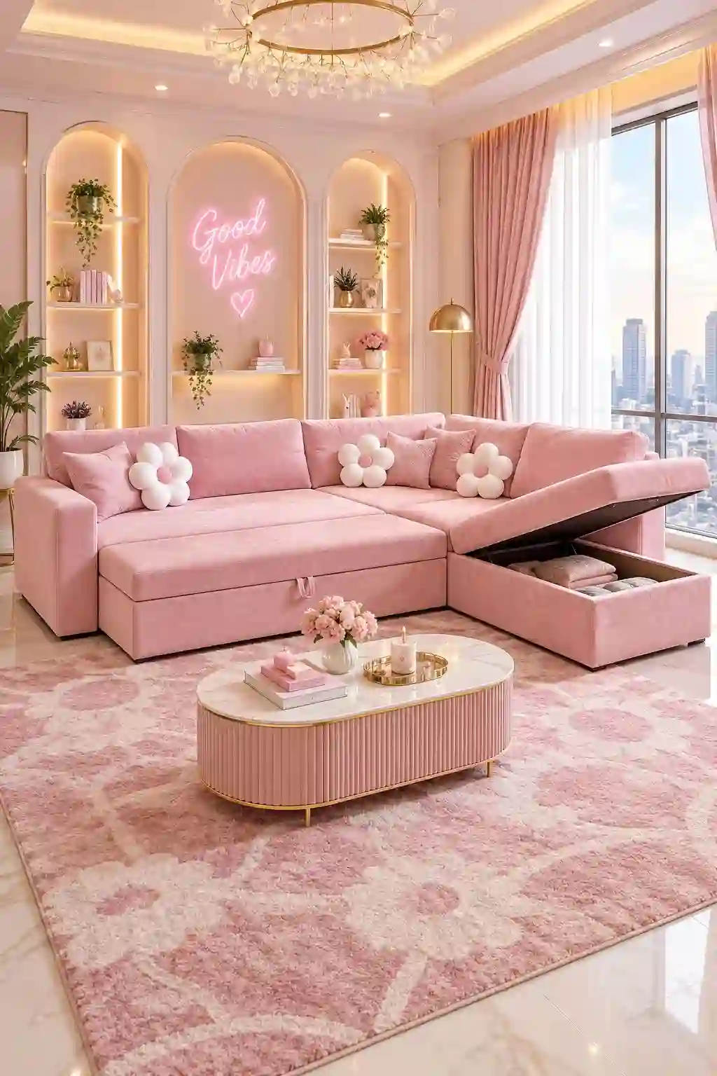 Pink modular sofa showing sofa functions