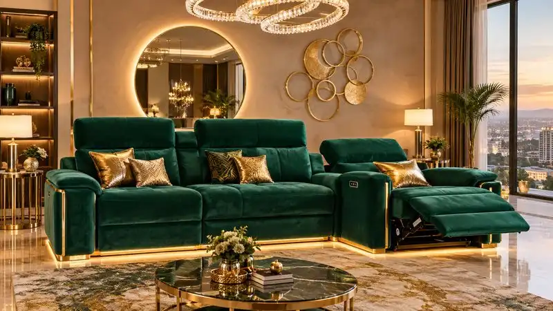 Reclining sofa shown in both upright and reclined position