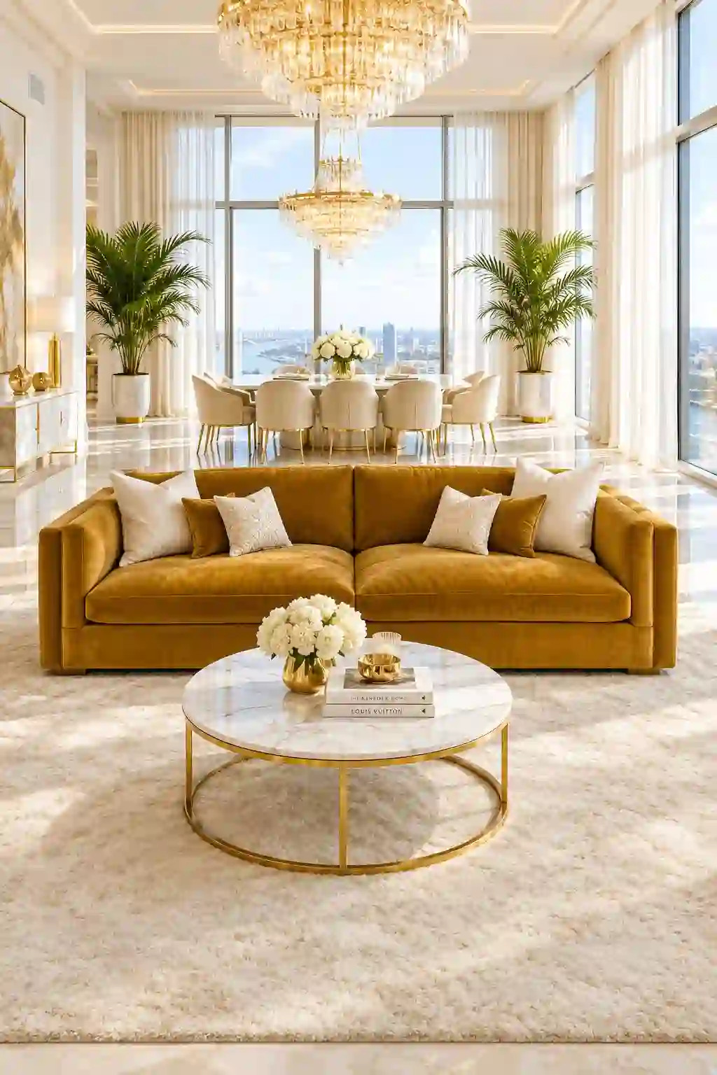 A richly coloured velvet sofa styled in a warm, well-lit living room, showing how colour reads against natural light