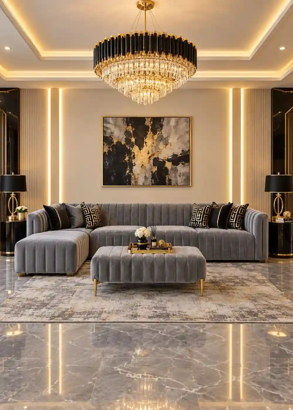 A richly-colored mustard velvet sofa in a luxury interior