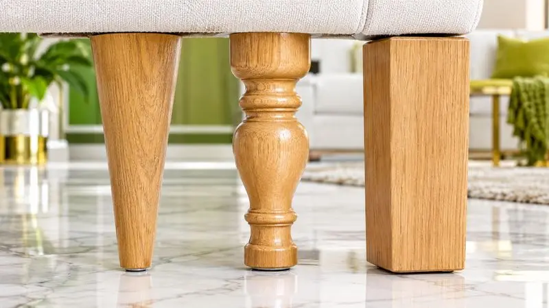 Close-up of wooden sofa legs, a few style options