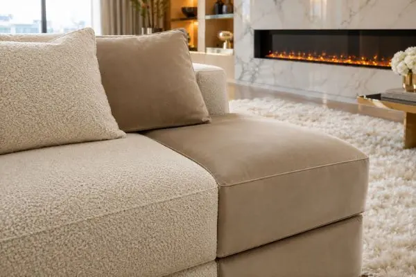 Close-up of luxury upholstery fabric and velvet textures on a modern sitting furniture.