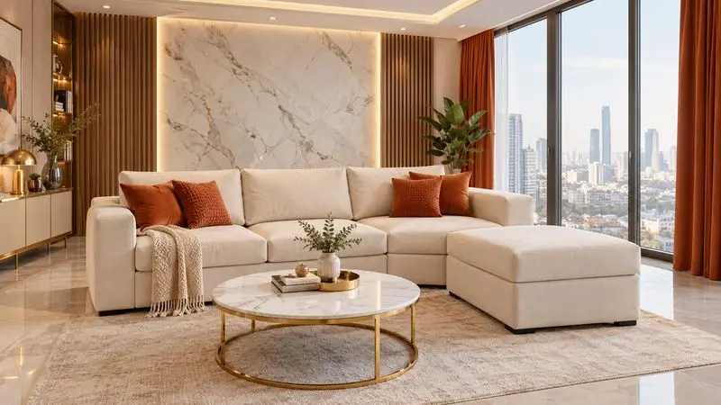 Cream reversible chaise sofa with rust-orange pillows in a luxury living room.