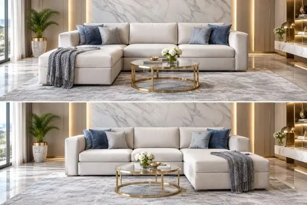 Comparison showing a cream reversible chaise sofa with the lounging section rearranged from left to right side.
