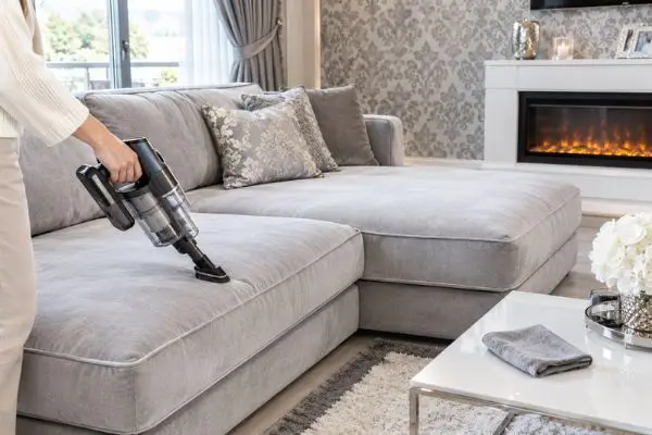 Person vacuuming a light grey luxury velvet reversible chaise sofa using a specialized fabric attachment.